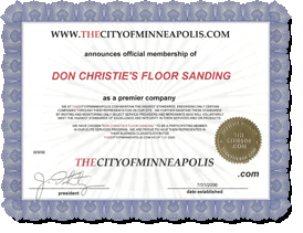 Certificate announcing Don Christie's Floor Sanding as a premier company, issued by The City of Minneapolis.